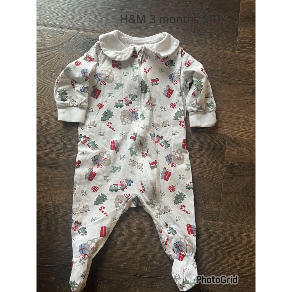 H&M Baby Pajamas Sleepsuit Footie Romper‎ 3 Months Christmas Mice Gifts Trees